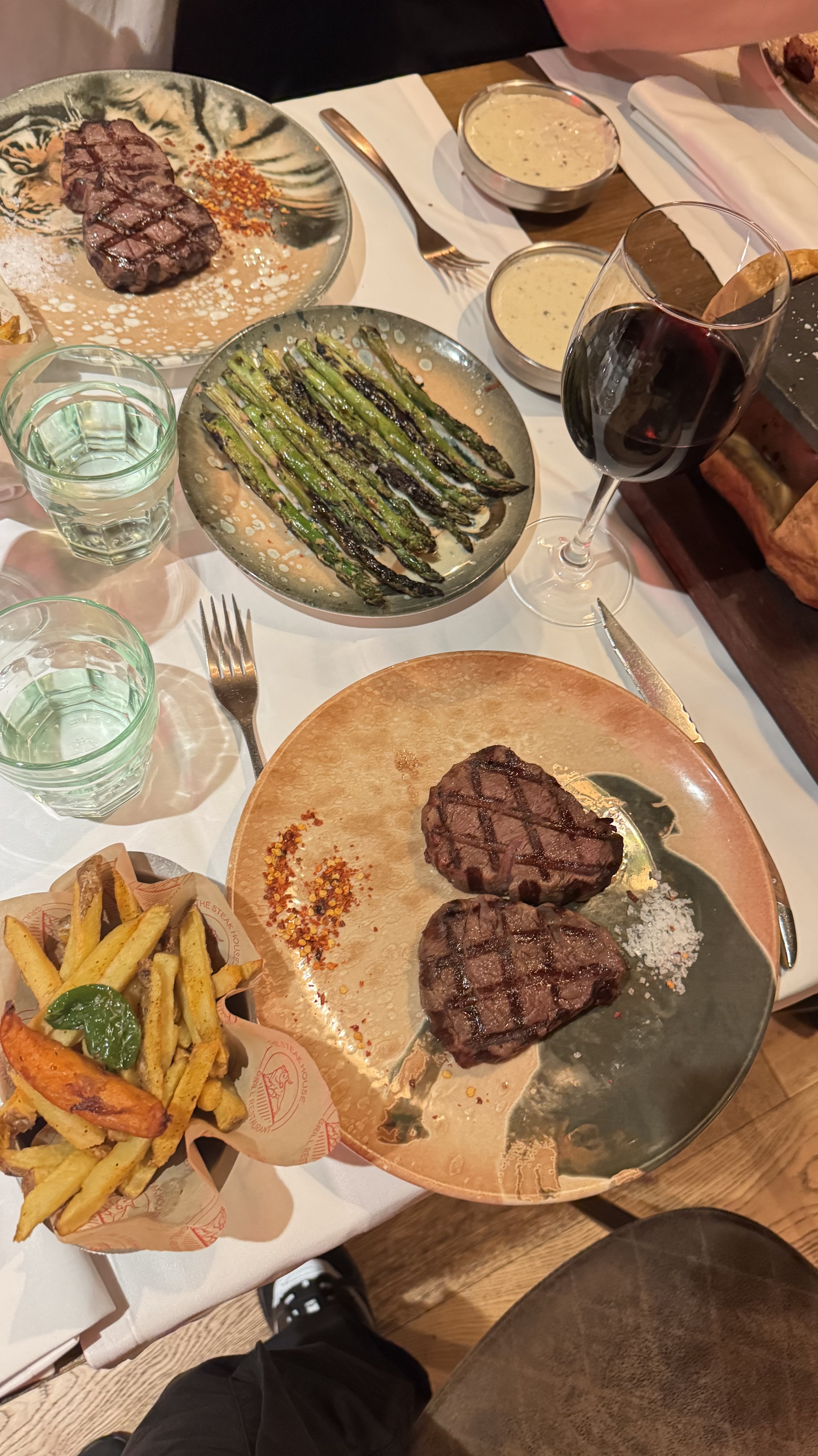 The best steak in Barcelona: grilled fillet at The Steak House with flaky salt and chilli on a ceramic plate